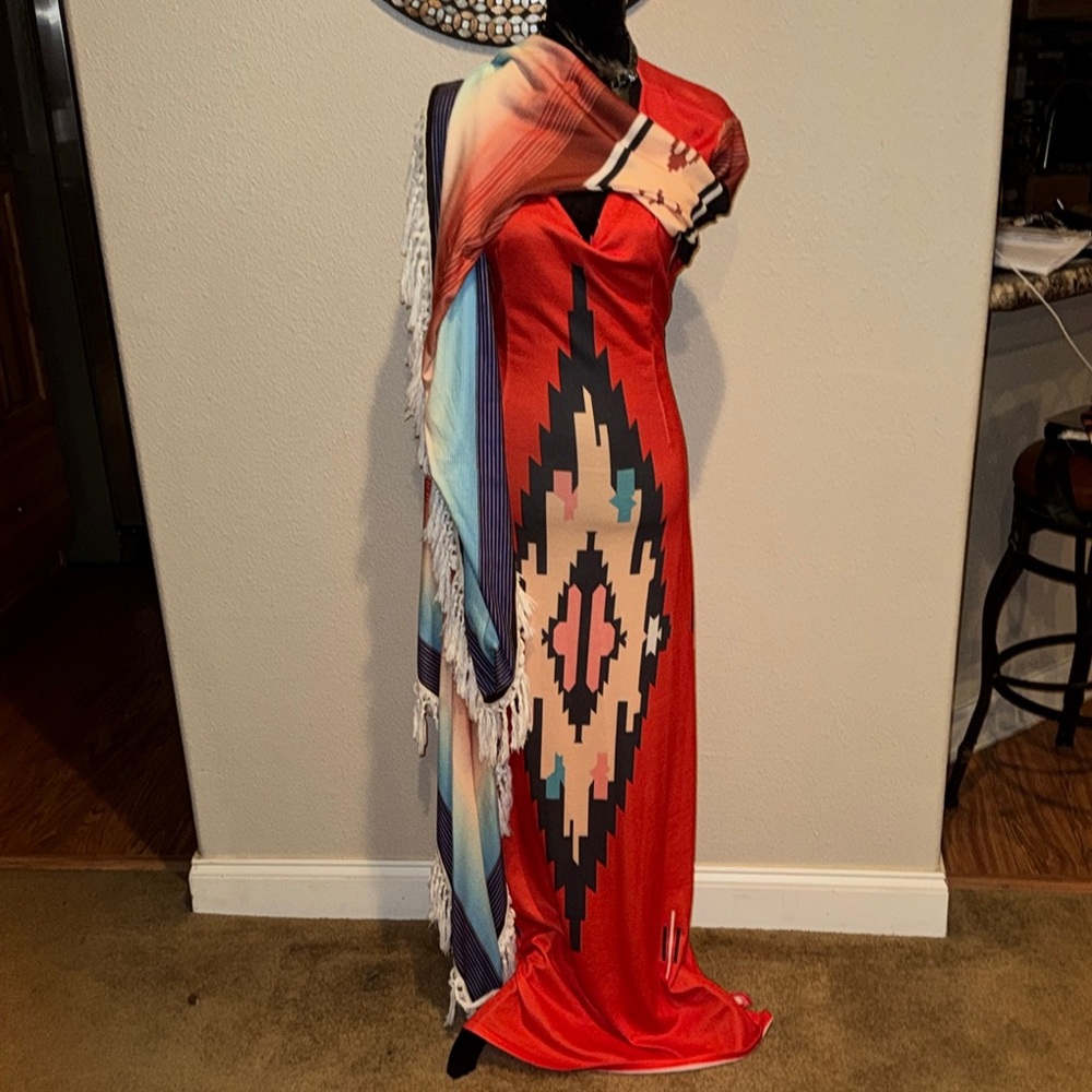 Tribal Print Red Maxi Dress with Fringe sleeves